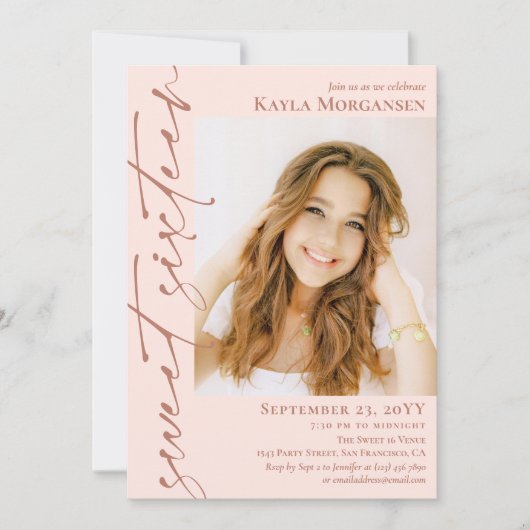 赤面ピンク&真鍮の書道写真Sweet 16 招待状 (正面)