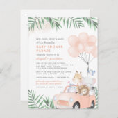 赤面ピンク&金ゴールドかわいいサファリドライブバイベイビーシャワー インビテーションポストカード (正面/裏面)