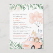 赤面ピンク&金ゴールドかわいいサファリドライブバイベイビーシャワー インビテーションポストカード (正面)