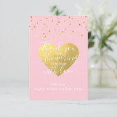 赤面ピンク&金ゴールドガールベビーシャワーありがとう写真 サンキューカード (スタンド正面)