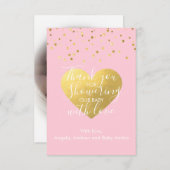 赤面ピンク&金ゴールドガールベビーシャワーありがとう写真 サンキューカード (正面/裏面)