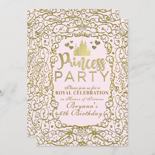 赤面ピンク&金ゴールドキャッスルプリンセスパーティー誕生日 招待状 (正面/裏面)
