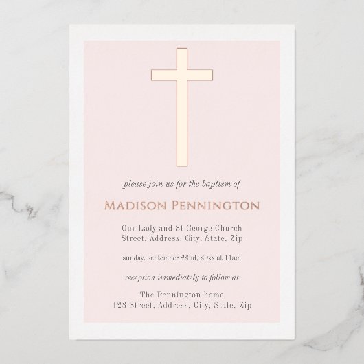 赤面ピンク&金ゴールドクロスバプティスフォイル招待状 箔招待状 (正面)