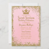 赤面ピンク&金ゴールドグリッタークラウンスイーツ16パーティー 招待状 (正面)