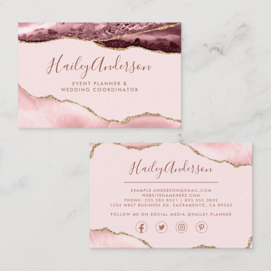 赤面ピンク&金ゴールドグリッター水カラーギルド瑪瑙 名刺 (正面/裏面)