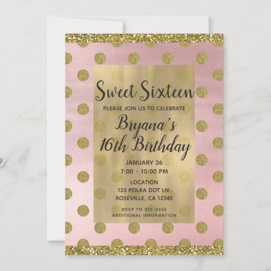 赤面ピンク&金ゴールドグリッター水玉模様ズスウィート16 16th 招待状 (正面)