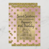 赤面ピンク&金ゴールドグリッター水玉模様ズスウィート16 16th 招待状 (正面/裏面)