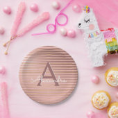 赤面ピンク&金ゴールドストライプモノグラム誕生日 ペーパープレート (パーティー)