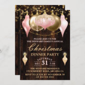 赤面ピンク&金ゴールドバウブルクリスマスディナーパーティー 招待状 (正面/裏面)