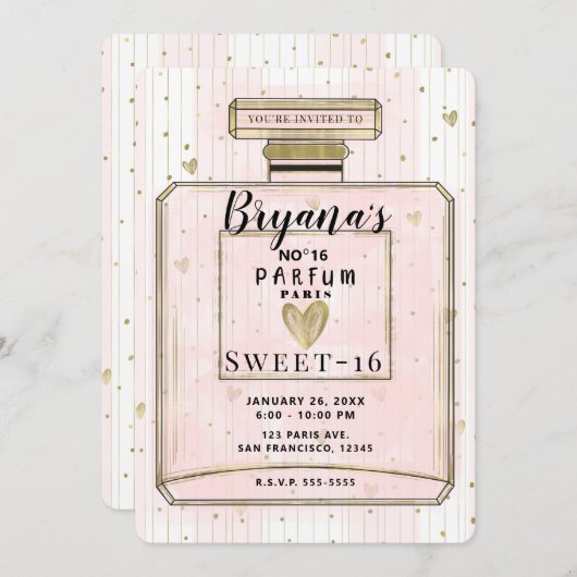 赤面ピンク&金ゴールドパリパルフムスウィート16誕生日 招待状 (正面/裏面)