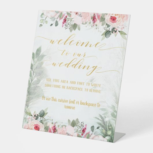 赤面ピンク&金ゴールドファンシーフォント書道へようこそ 台座サイン (正面)