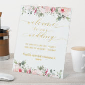 赤面ピンク&金ゴールドファンシーフォント書道へようこそ 台座サイン (インサイチュ)