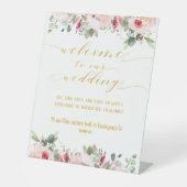 赤面ピンク&金ゴールドファンシーフォント書道へようこそ 台座サイン (正面)