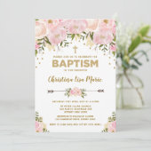 赤面ピンク&金ゴールドフローラバプテスマ招待状 招待状 (スタンド正面)