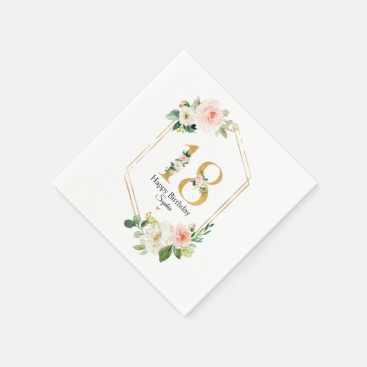 赤面ピンク&金ゴールドフローラ18誕生日カスタム スタンダードカクテルナプキン (角)