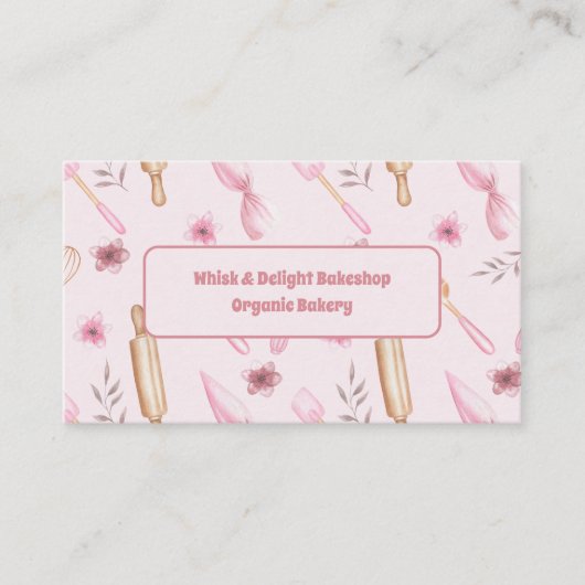 赤面ピンク&金ゴールドベーキング&料理用具ベーカリー 名刺 (正面)