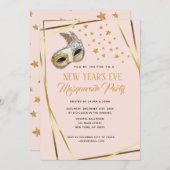 赤面ピンク&金ゴールドマスカレード新年のパーティー 案内状 (正面/裏面)
