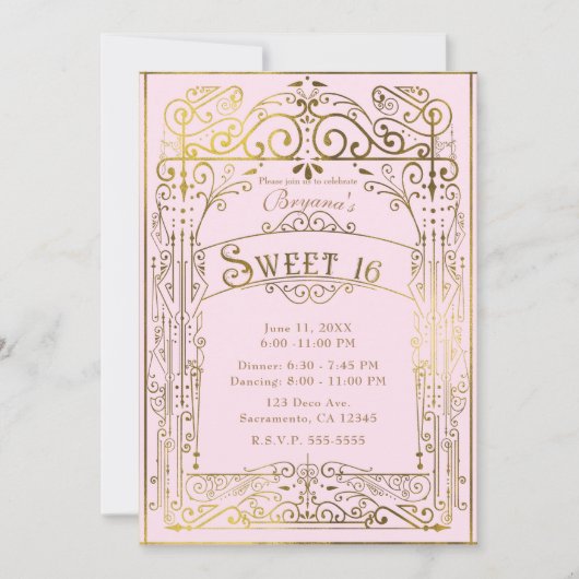 赤面ピンク&金ゴールドヴィンテージビクトリアンデコスウィート16 招待状 (正面)
