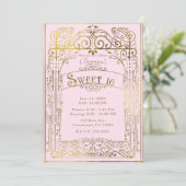 赤面ピンク&金ゴールドヴィンテージビクトリアンデコスウィート16 招待状 (スタンド正面)