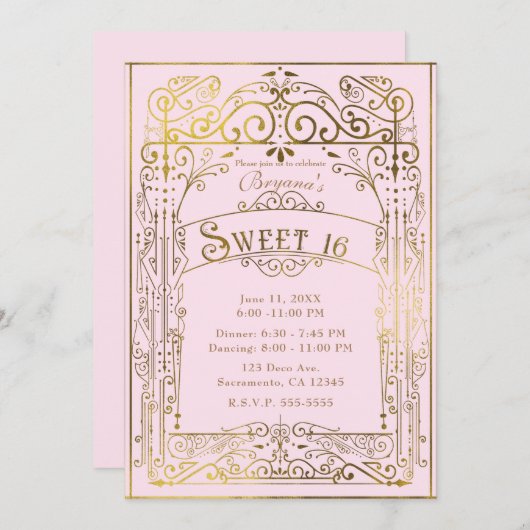 赤面ピンク&金ゴールドヴィンテージビクトリアンデコスウィート16 招待状 (正面/裏面)