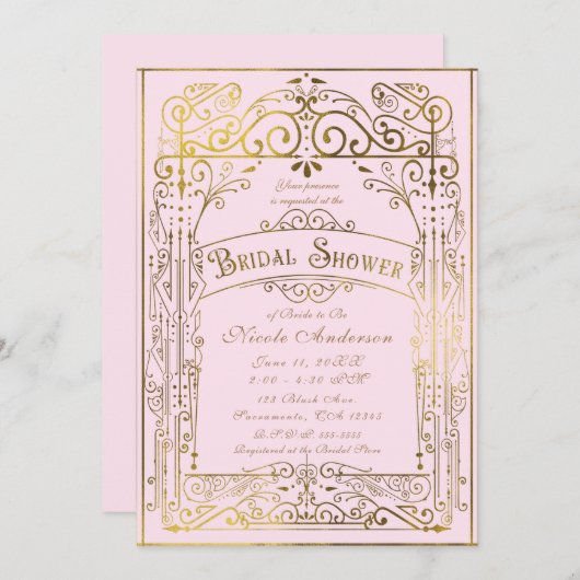 赤面ピンク&金ゴールドヴィンテージビクトリアンブライダルシャワー 招待状 (正面/裏面)