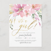 赤面ピンク&金ゴールド女の子フローラベビーシャワー インビテーションポストカード (正面)