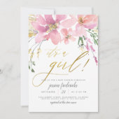 赤面ピンク&金ゴールド女の子フローラベビーシャワー 招待状 (正面)