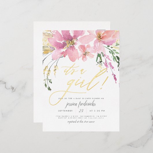 赤面ピンク&金ゴールド女の子フローラベビーシャワー 箔招待状ポストカード (正面/裏面)