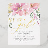 赤面ピンク&金ゴールド女の子フローラベビーシャワー 箔招待状ポストカード (正面)