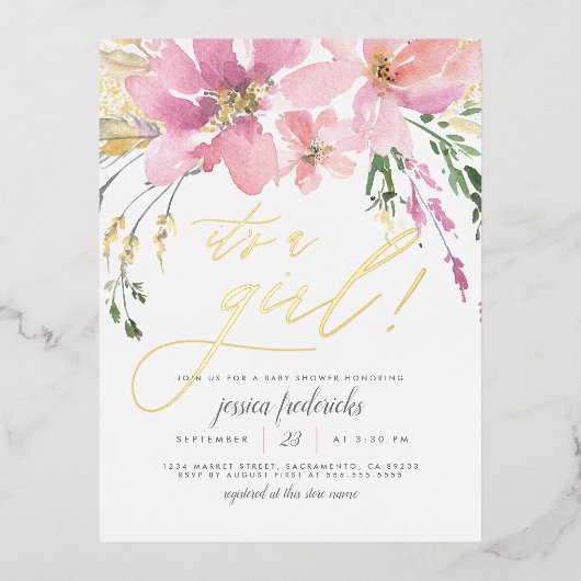 赤面ピンク&金ゴールド女の子フローラベビーシャワー 箔招待状ポストカード (正面)