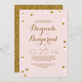 赤面ピンク&金ゴールド紙吹雪モダンブライダルシャワー 招待状 (正面/裏面)