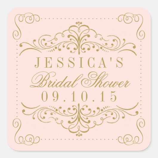 赤面ピンク&金ゴールド華美スワールブライダルシャワー スクエアシール (正面)
