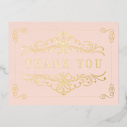 赤面ピンク&金ゴールド華美スワール結婚ズ・サンキュー 箔招待状ポストカード (正面)