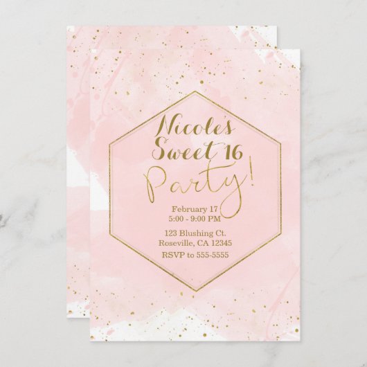 赤面ピンク&金ゴールド（ばちゃばちゃ）跳ねるモダンスウィート16パーティー 招待状 (正面/裏面)