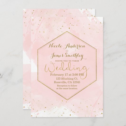 赤面ピンク&金ゴールド(ばちゃばちゃ)跳ねるモダン結婚ズ 招待状 (正面/裏面)