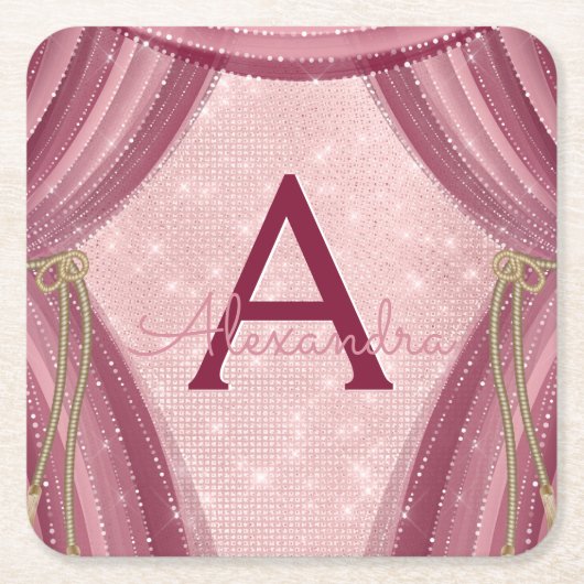 赤面ピンク、金ゴールド、ブルゴーニュ女子誕生日 スクエアペーパーコースター (正面)