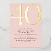 赤面ピンク&金ゴールド |女エレガントの40歳の誕生日 箔招待状 (正面)