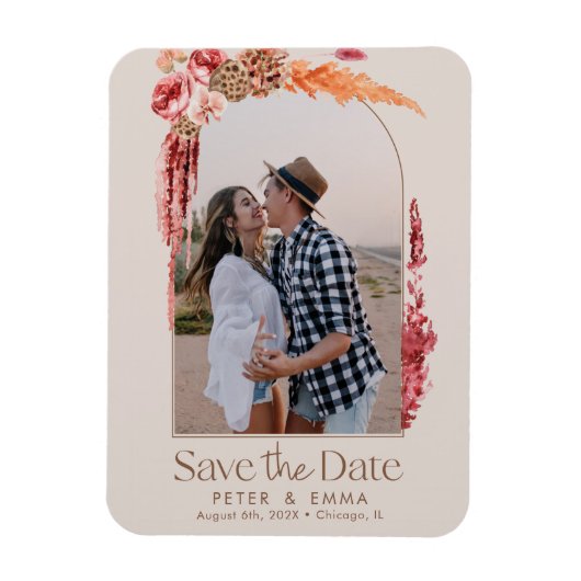 赤面ピンク | Boho Save the Date Pampas Grass Photo マグネット (縦)