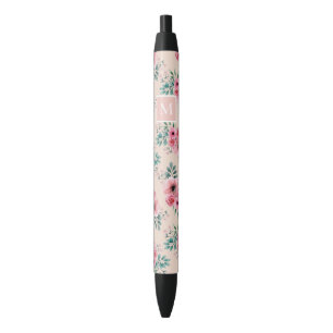赤面ピンク Chic Watercolorフローラモノグラム 黒ボールペン
