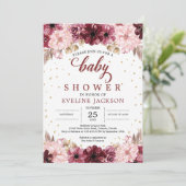 赤面ピンクburgundyフローラboho女の子の赤ちゃんシャワー 招待状 (スタンド正面)