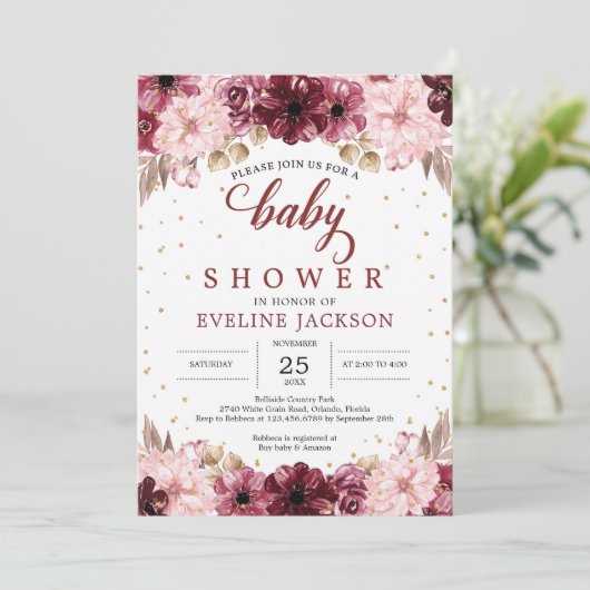 赤面ピンクburgundyフローラboho女の子の赤ちゃんシャワー 招待状 (スタンド正面)