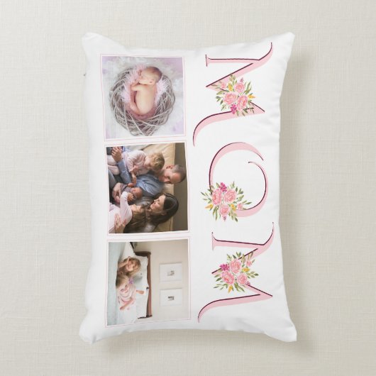 赤面ピンクMOMタイポグラフィフォトマザーズ・デイ アクセントクッション (正面(垂直))