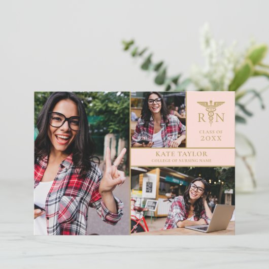 赤面ピンクRN看護3写真卒業パーティーInv 招待状 (スタンド正面)