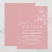 赤面ピンクSweet sixteenエアリーフローラ16誕生日 招待状 (正面/裏面)