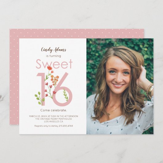 赤面ピンクSweet sixteen水彩の花 招待状 (正面/裏面)