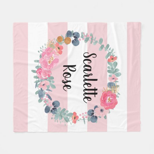 赤面ピンパーソナライズされたクベビーガールフローラリース フリースブランケット (正面(横))