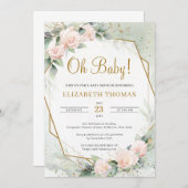 赤面ピンモダンクフローラグリーンリー金ゴールドOhベビー 招待状 (正面/裏面)