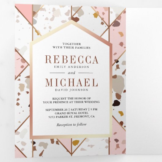 赤面ピン自然ク幾何結婚学 三つ折り招待状 (内部最初)