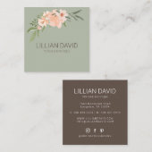 赤面ピーチウォーターカラーフローラバラ&セージ緑 スクエア名刺 (正面/裏面)