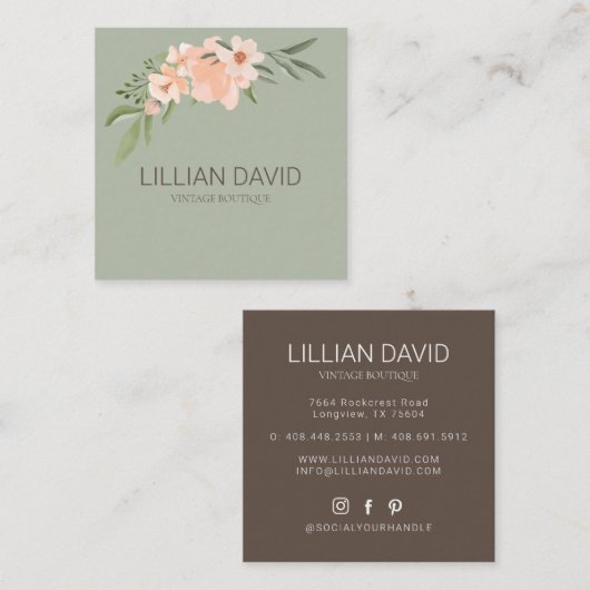 赤面ピーチウォーターカラーフローラバラ&セージ緑 スクエア名刺 (正面/裏面)